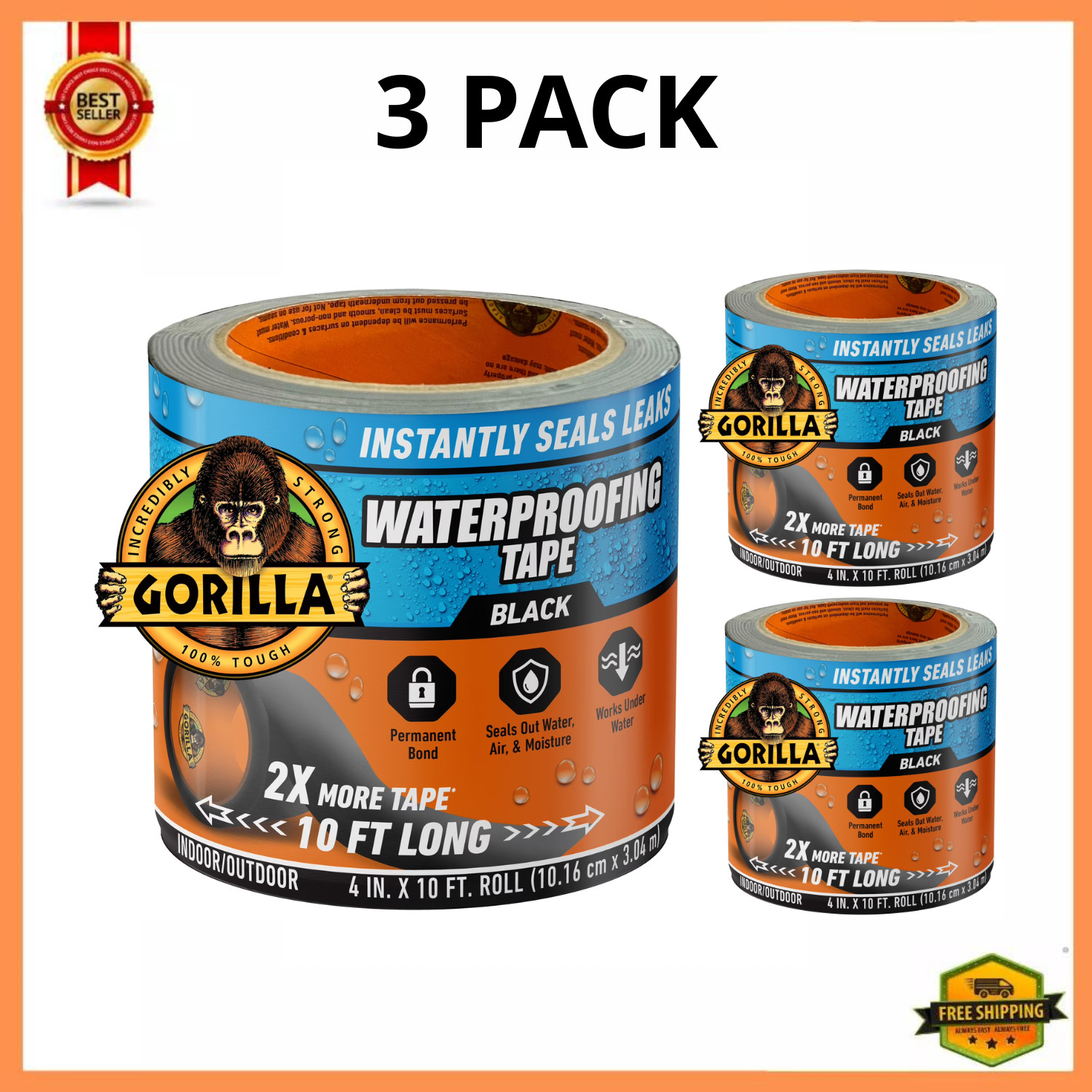 Gorilla Waterproof Patch & Seal Black Tape 4 inch x 10 Foot Roll, 3 Pack