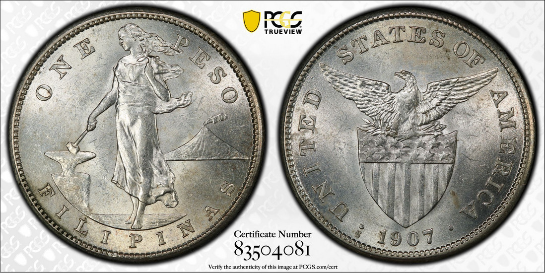 :1907-S 1-PESO .800-SILVER USA PHILIPPINES PCGS MS 61 BRILLIANT BEAUTY RARITY R4 :1907-S 1-PESO .800-SILVER USA PHILIPPINES PCGS MS 61 BRILLIANT BEAUTY RARITY R4