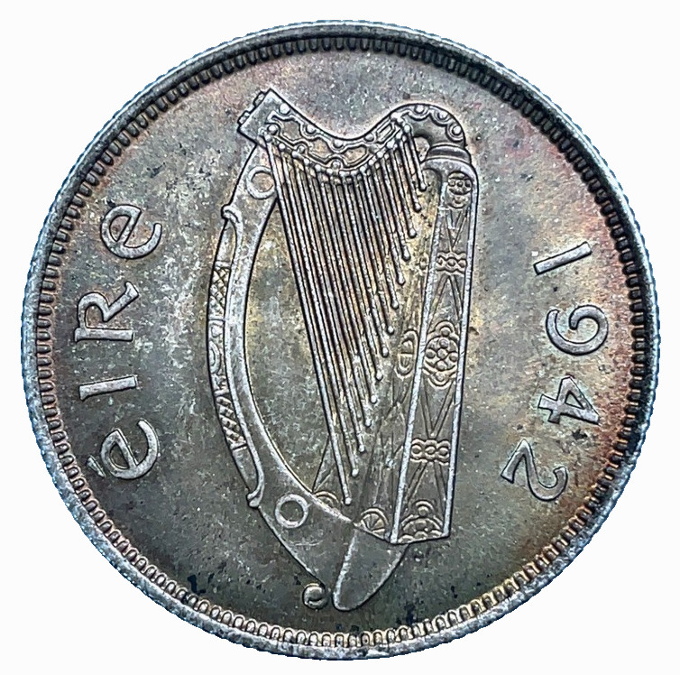 IRELAND 1942 Irish Silver 1 Florin BU/UNC. Rainbow Toned Scares-Very Low Mintage