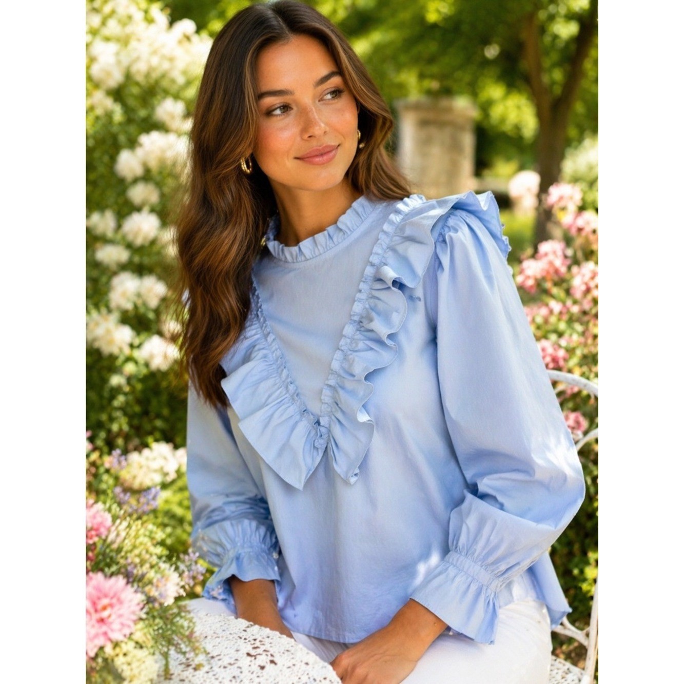 Forever 21 Blue Ruffle Blouse Puff Sleeve Cottagecore Romantic Top L NWT