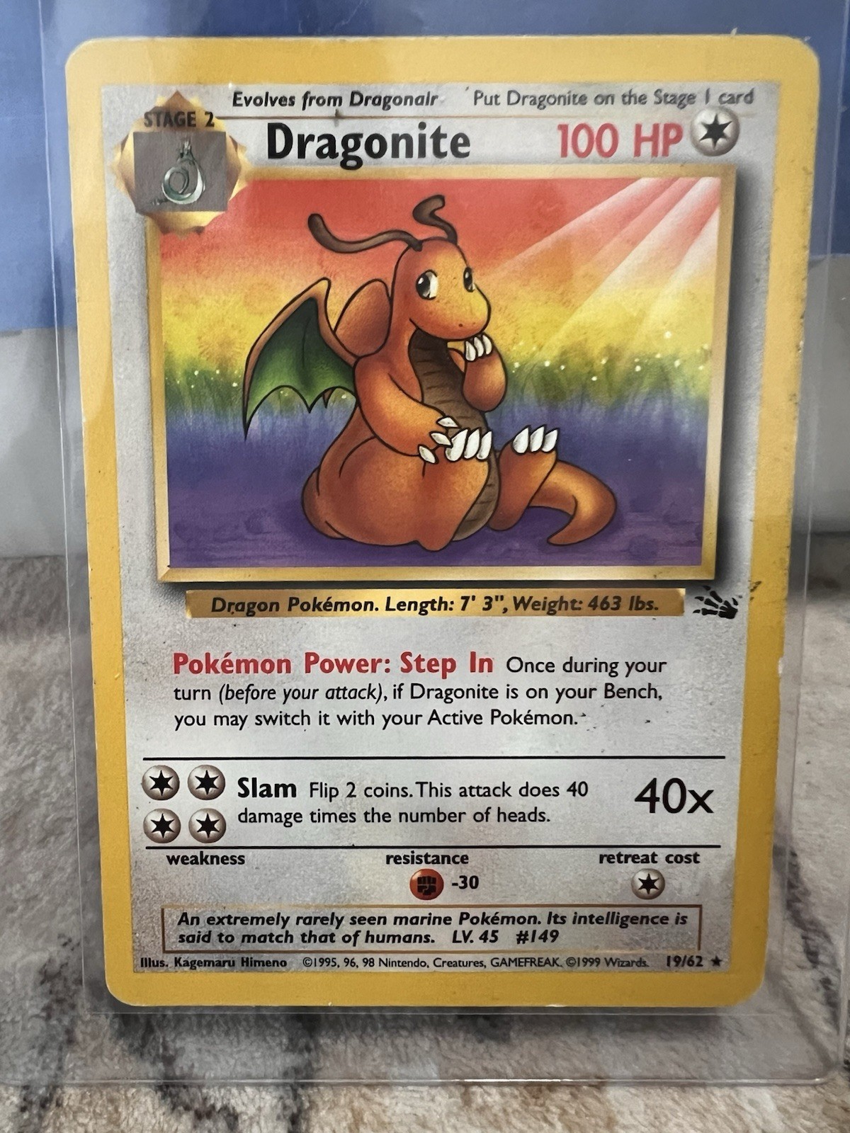 1999 Pokemon Fossil Dragonite 19/62 Unlimited Non-Holo Rare WOTC Vintage LP