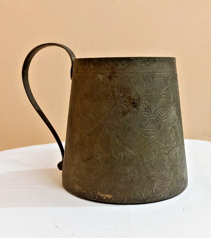 Antique Rare Hand Engraved Brass Pot Old Flower Carved Water Jug Vintage Estate
