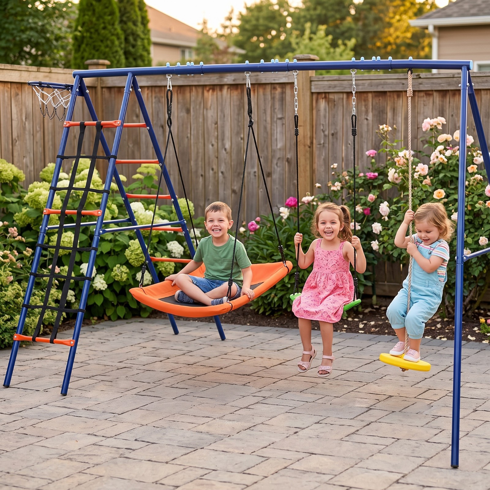 550lbs 6-in-1 Kids Swing Set Backyard Playground Metal Swings Stand Set for Kids
