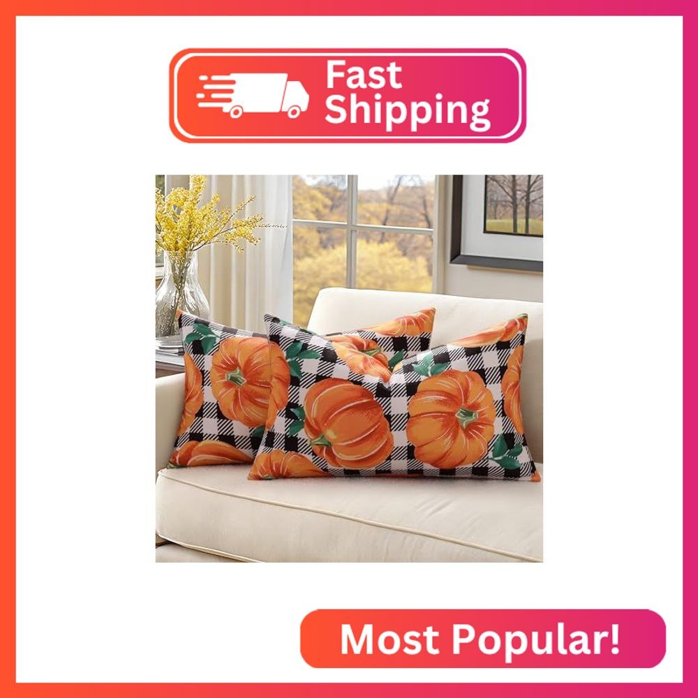 decorUhome Fall Plaid Linen Throw Pillow Covers 12x20 Set of 2 Pumpkin