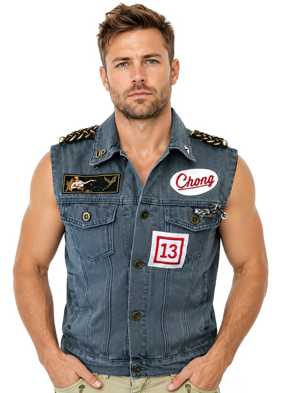 TOMMY CHONG VEST with PINS denim waistcoat cheech Up In Smoke costume TOMMY CHONG VEST with PINS denim waistcoat cheech Up In Smoke costume