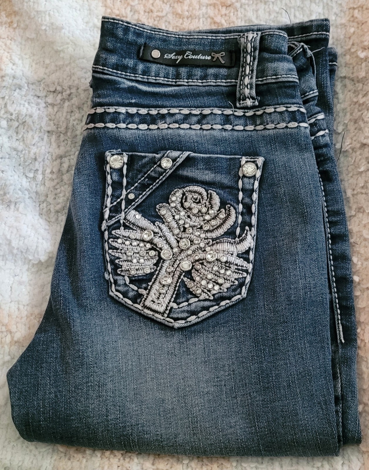Sexy Couture Embellished Capri Jeans Sz 3 Bling Rhinestone Y2K McBling Cropped