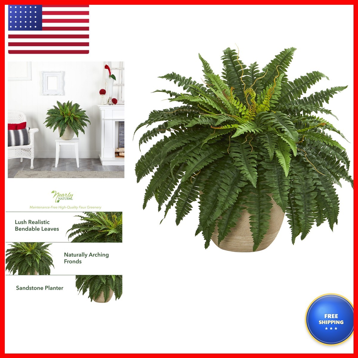 Nearly Natural 22in Artificial Boston Fern Plant Sandstone Planter Nearly Natural 22in Artificial Boston Fern Plant Sandstone Planter