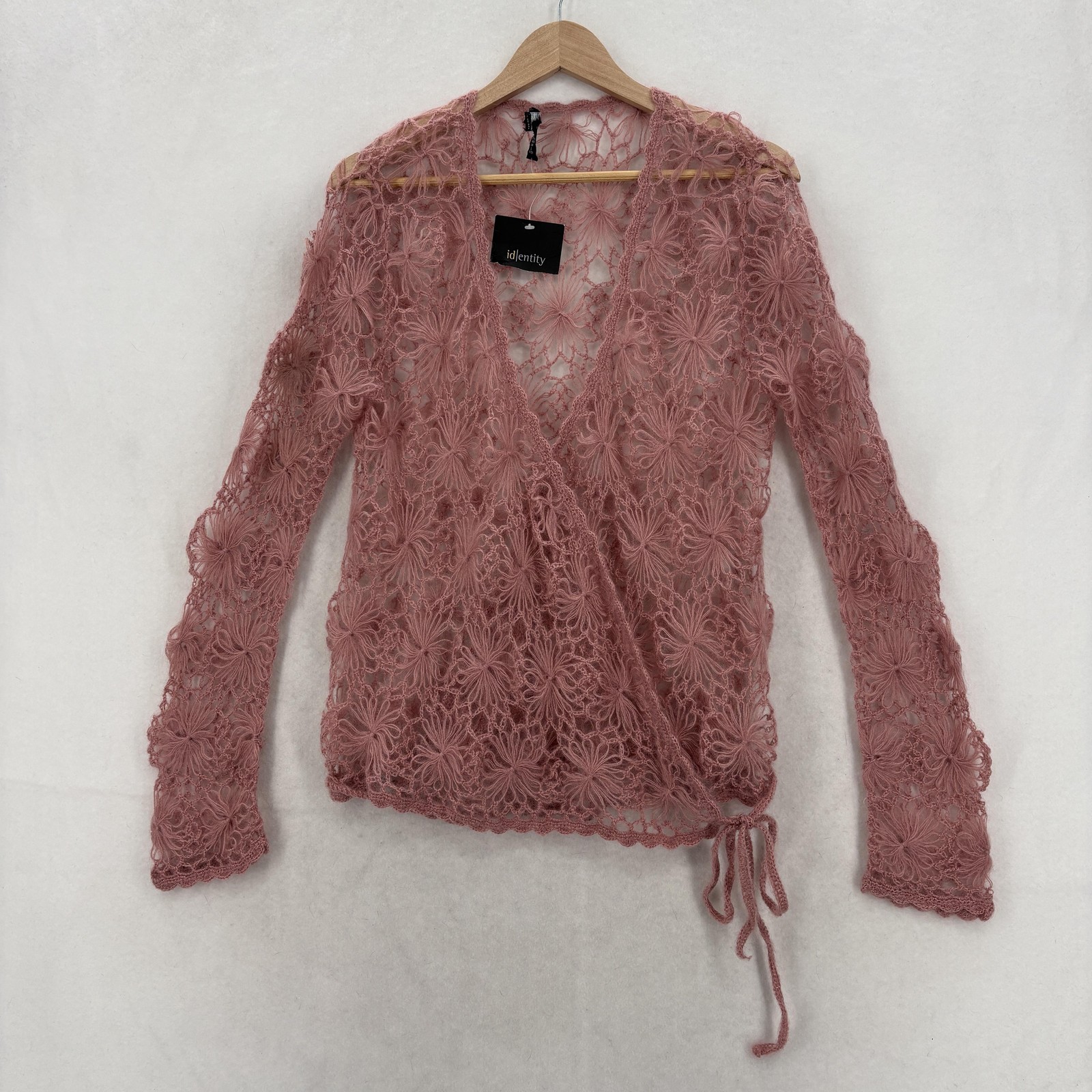 Lord & Taylor Id|entity Wrap Sweater Womens Large Pink Mohair Crochet Floral NWT