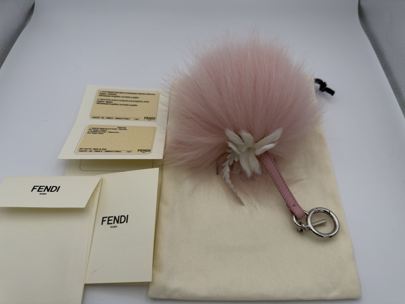 Authentic FENDI Fur Charm Key Ring Key Chain Pink Pom Pom Leather Strap Flower Authentic FENDI Fur Charm Key Ring Key Chain Pink Pom Pom Leather Strap Flower