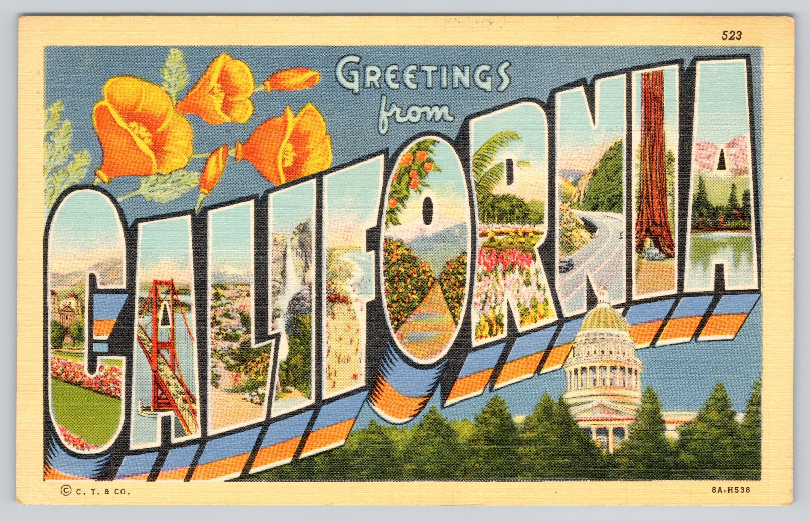 CALIFORNIA Postcard Greetings from CA Large Letter Linen 1941 Posted Poppy State CALIFORNIA Postcard Greetings from CA Large Letter Linen 1941 Posted Poppy State