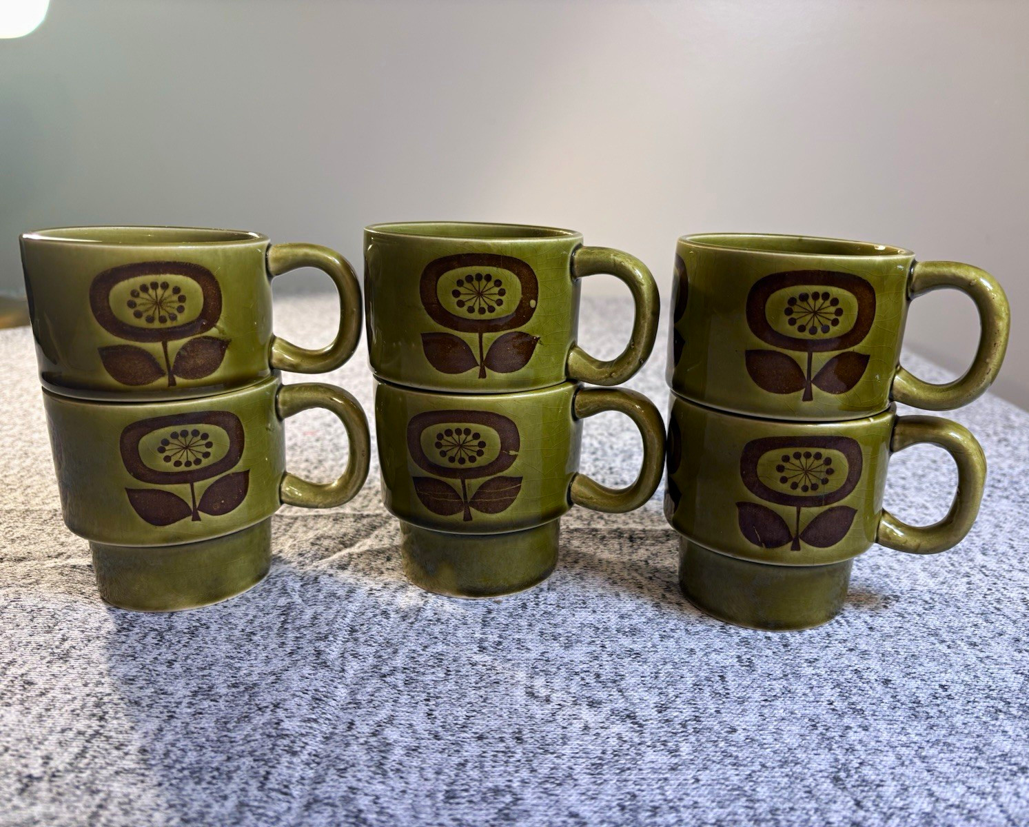 Vtg Groovy 1970s Avocado Green Stackable Mugs Flower Power Japan Retro Lot of 6 Vtg Groovy 1970s Avocado Green Stackable Mugs Flower Power Japan Retro Lot of 6