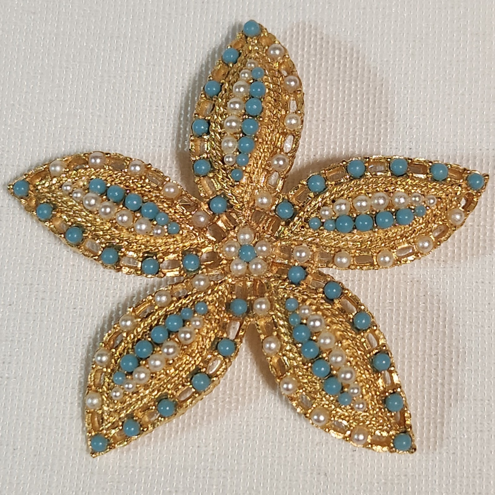Vintage Sarah Coventry Ocean Star Brooch Gold Tone Turquoise Pearl Flower 2.5