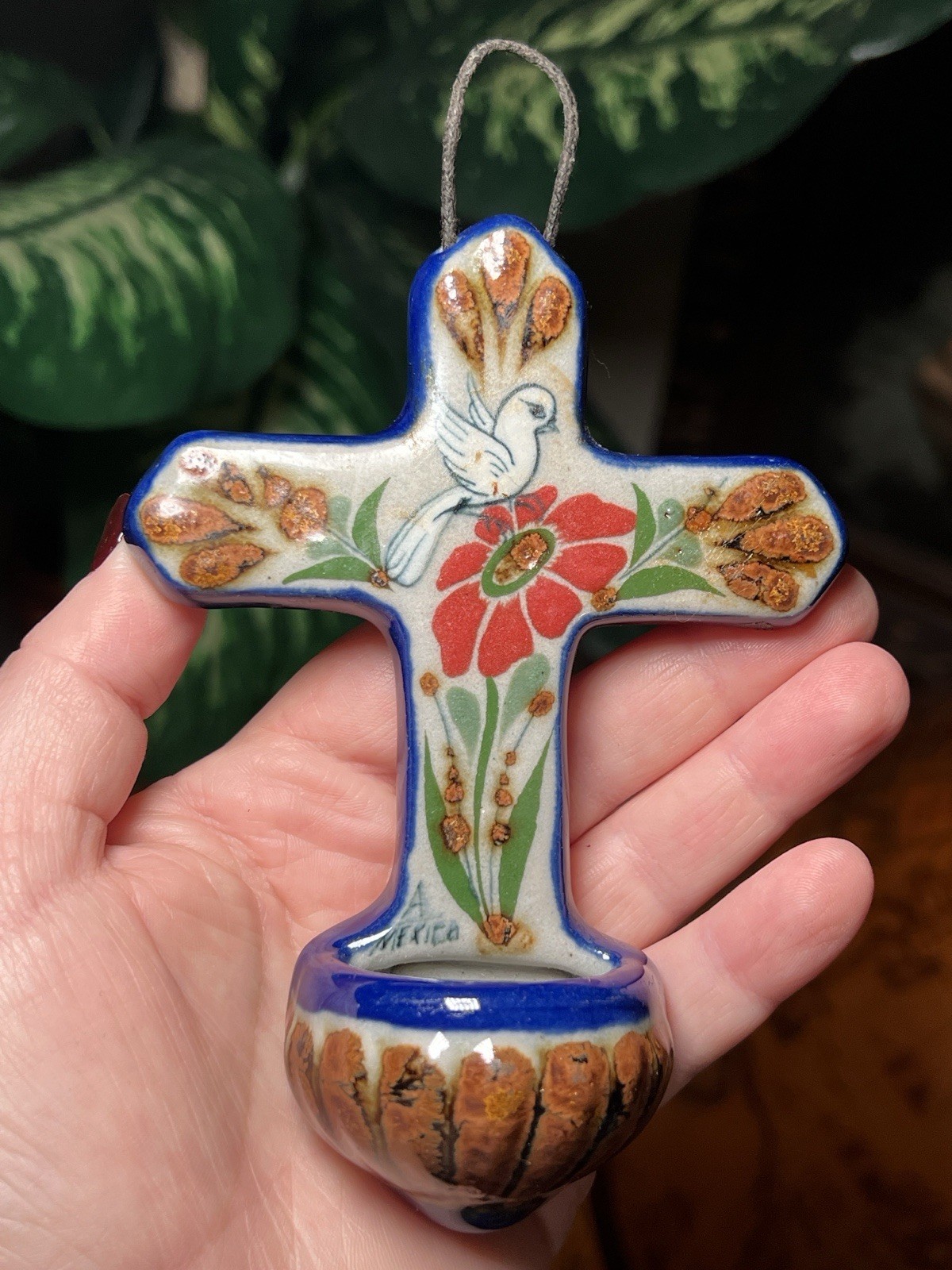 Tonala Mexican Art Pottery Cross Holy Water Font Wall Pocket Bird Floral Tonala Mexican Art Pottery Cross Holy Water Font Wall Pocket Bird Floral