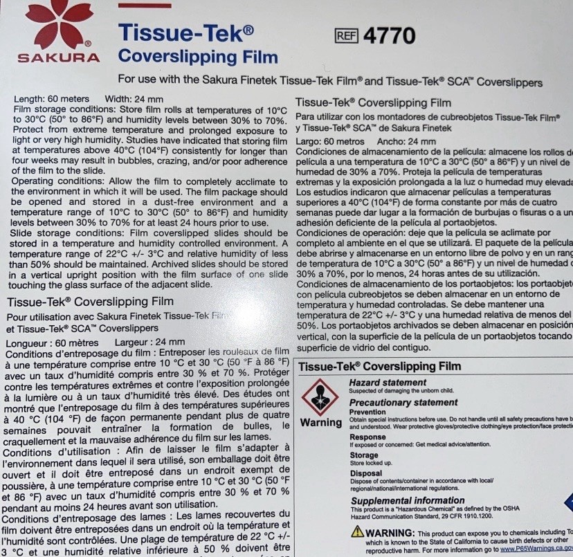 Sakura Tissue-Tek Coverslipping Film 4770, 5 Rolls x 60m, Pathology Lab Sakura Tissue-Tek Coverslipping Film 4770, 5 Rolls x 60m, Pathology Lab