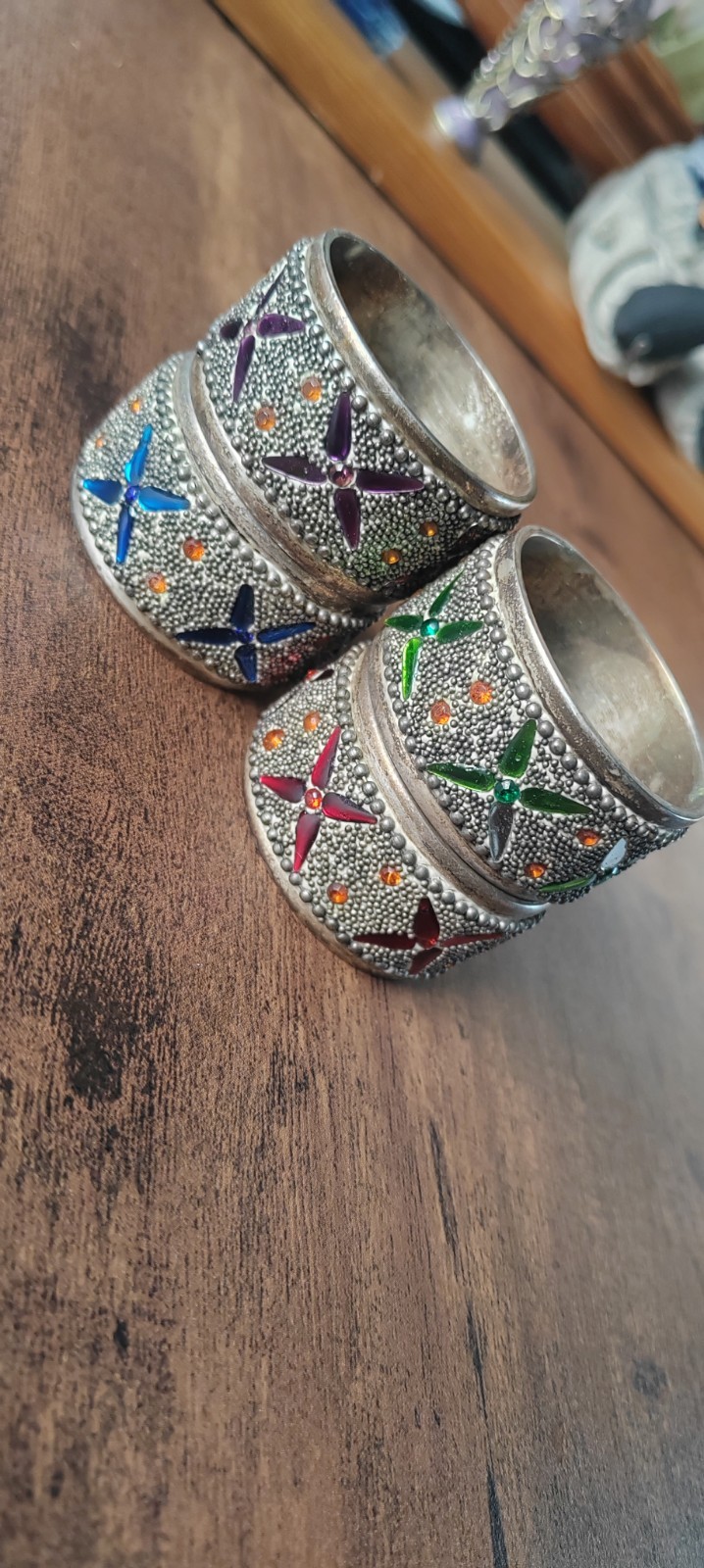 Vintage Pier 1 Jeweled Beaded Napkin Rings Set of 4 Silver Boho Holiday Table