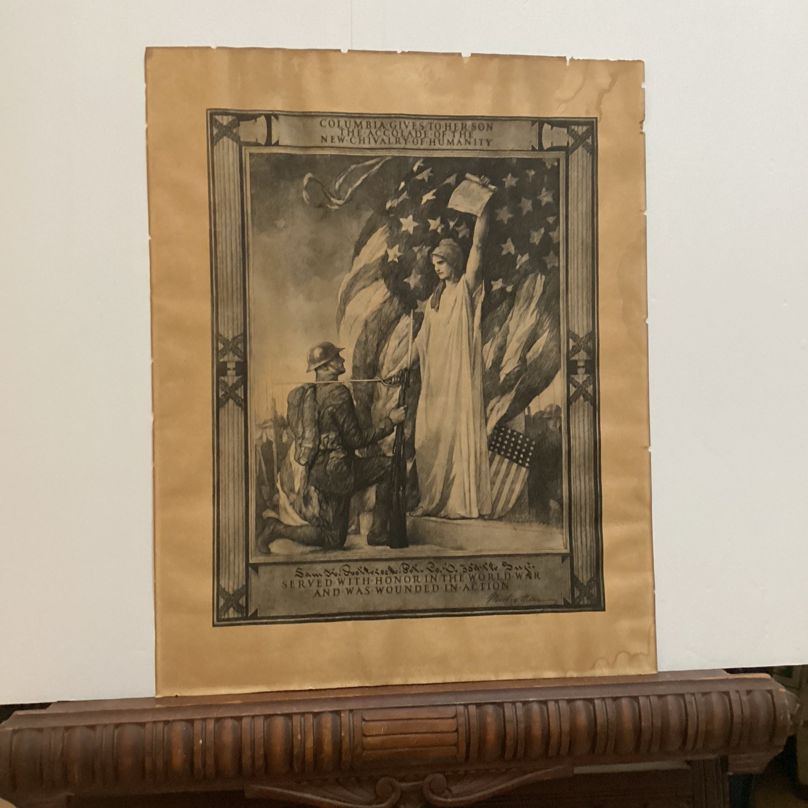 Original 1919 WWI Wounded In Action Certificate Framed Columbia Gives to Her Son Original 1919 WWI Wounded In Action Certificate Framed Columbia Gives to Her Son