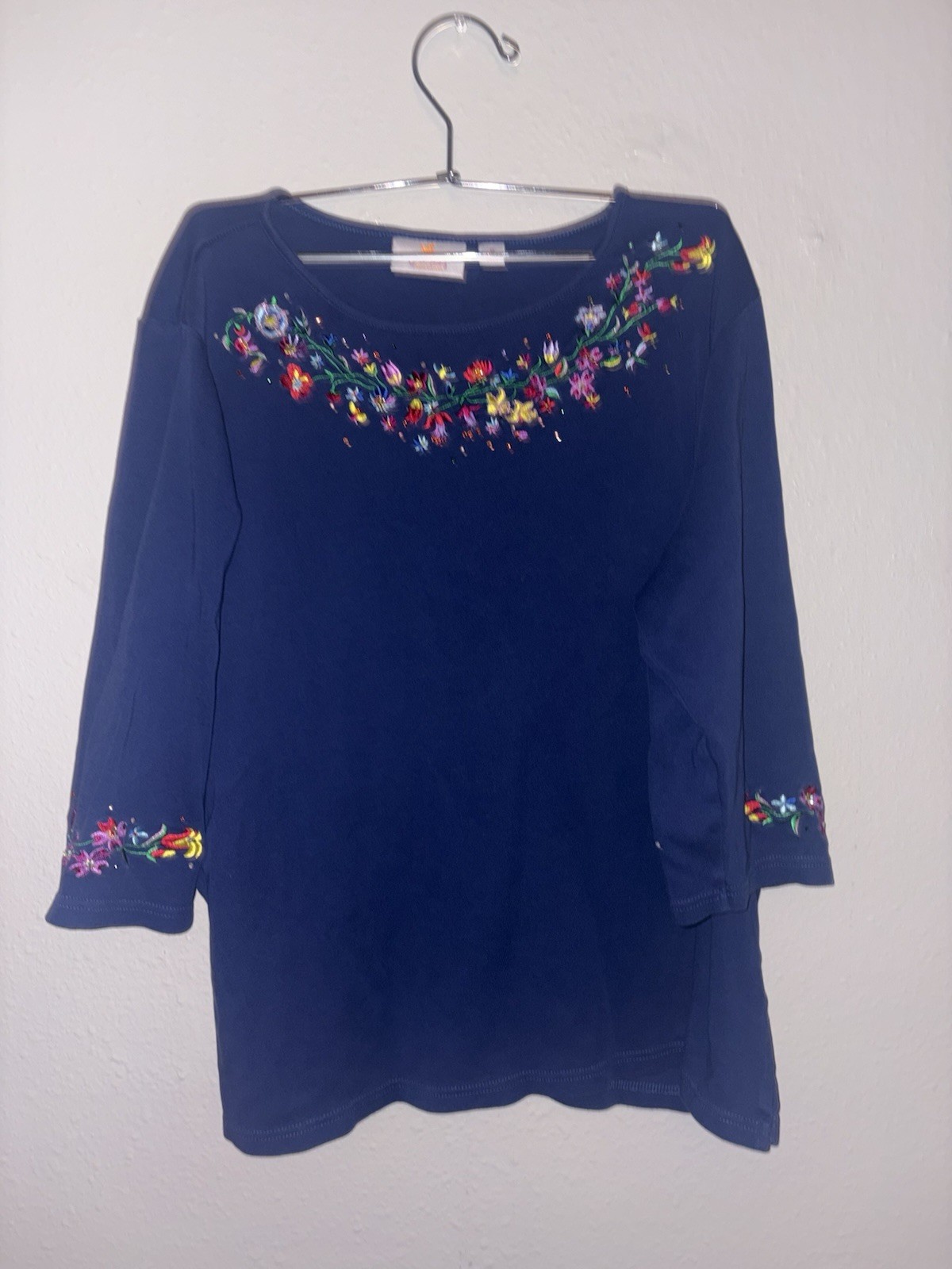 Quacker Factory Blue Floral 3/4 Sleeve Top Medium