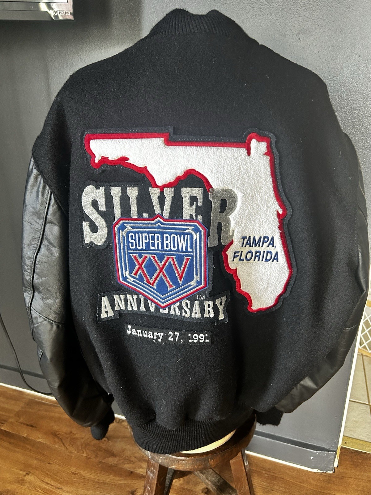 Vintage Delong NFL XXV Super Bowl Silver Anniversary Varsity Jacket Size 46 USA