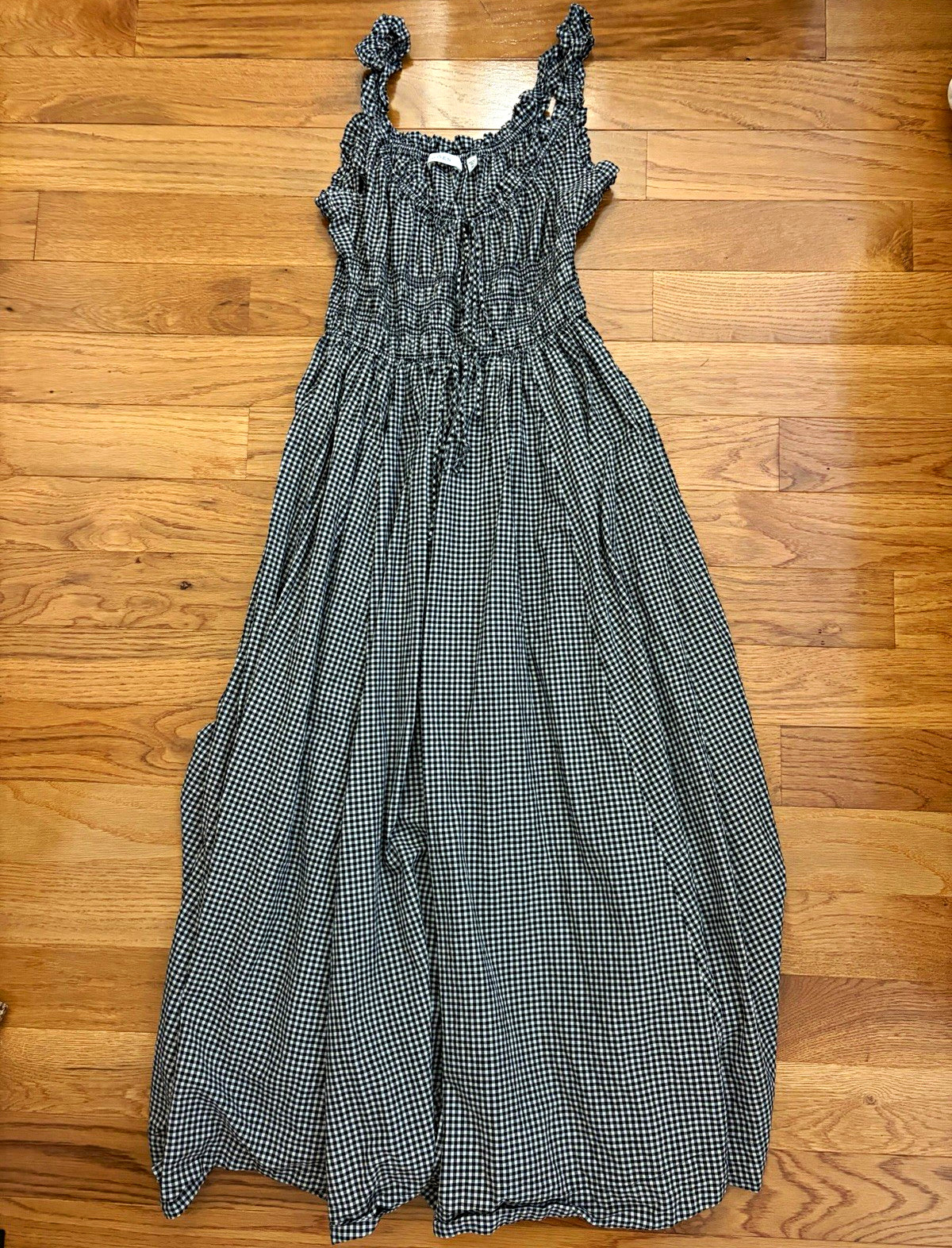 DÔEN Emmaretta Black White Gingham Ruffle Shirred Maxi Dress Size M