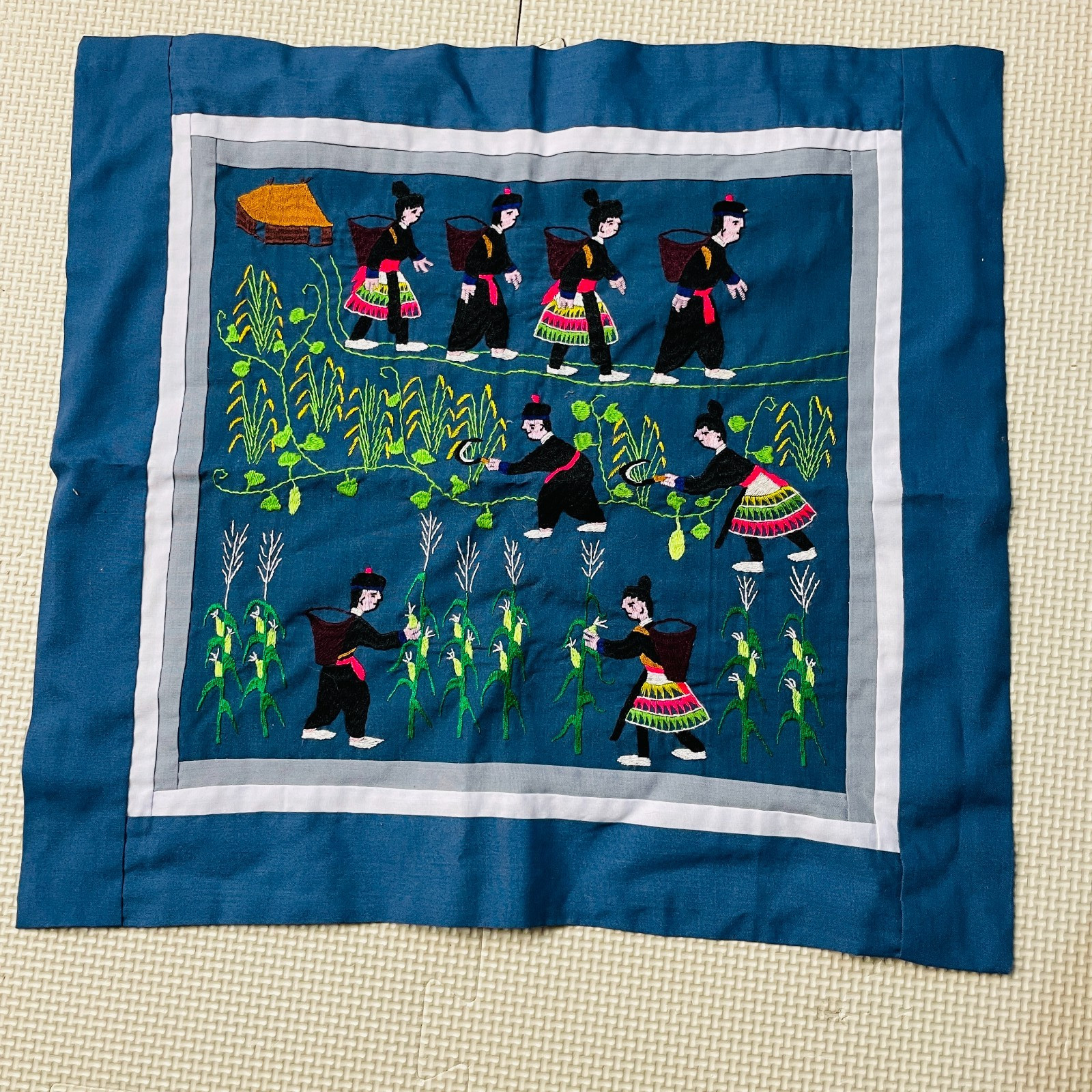 Vintage Hmong Story Cloth Embroidered Tapestry Rice Harvest 15.5\