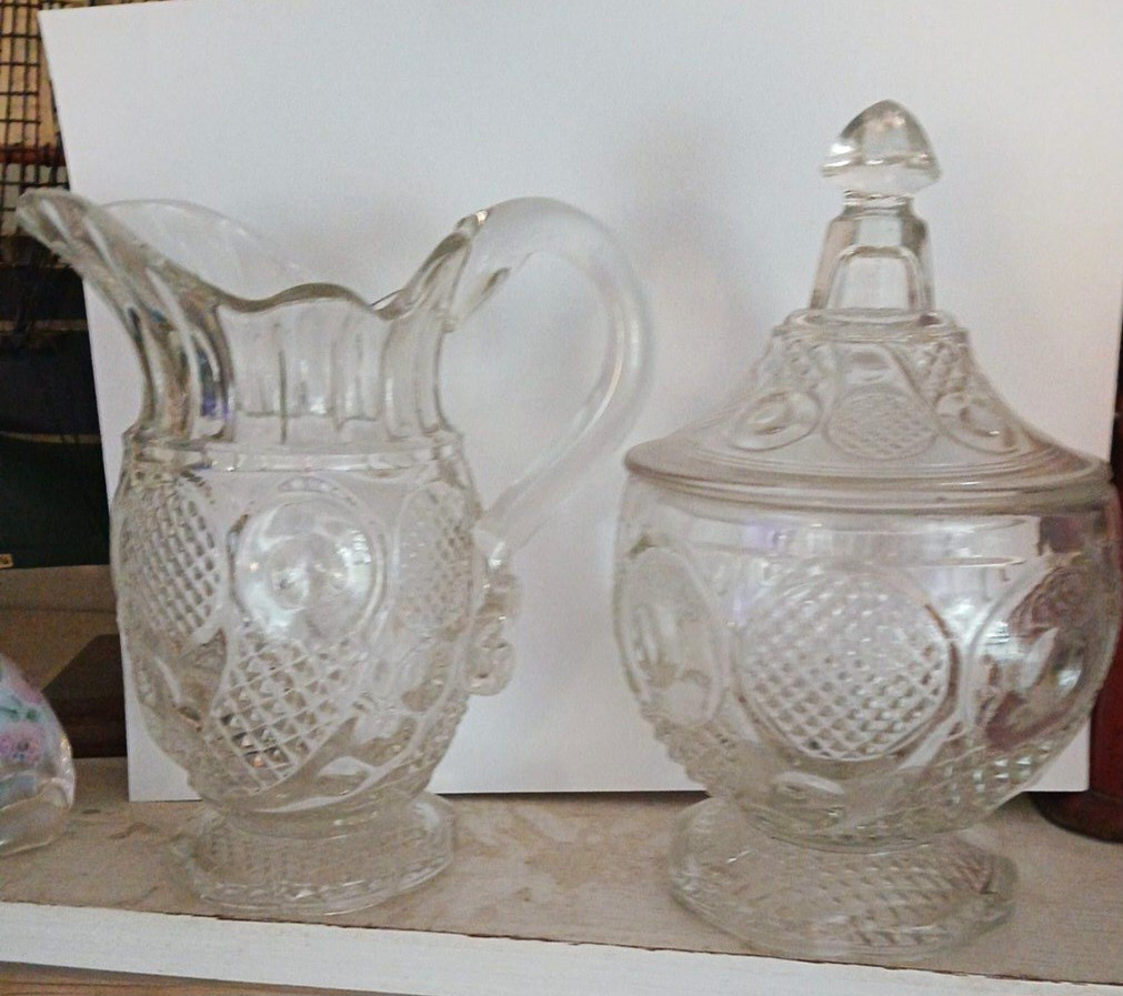 Antique Westmoreland No. 170 Cane Medallion EAPG Creamer & Covered Sugar Bowl