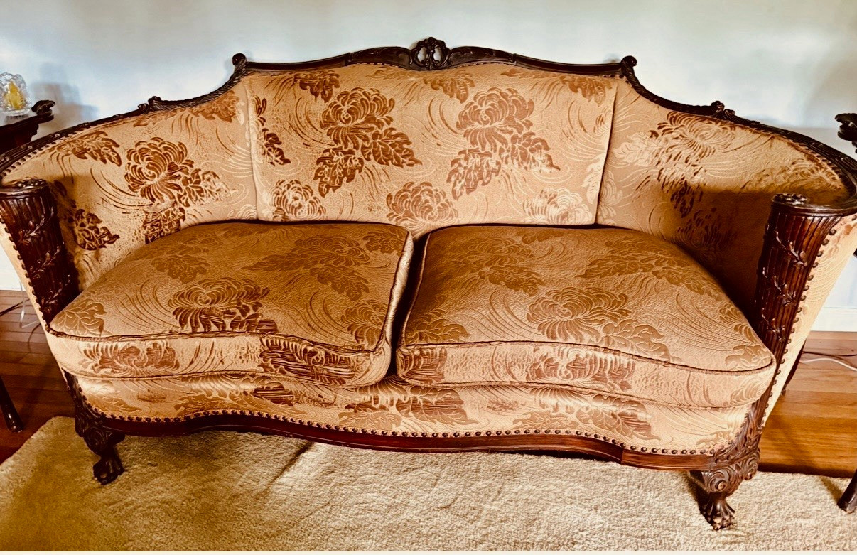 Vintage Mid-Century Carved Wood Camelback Sofa Floral Brocade Beige 70 Vintage Mid-Century Carved Wood Camelback Sofa Floral Brocade Beige 70