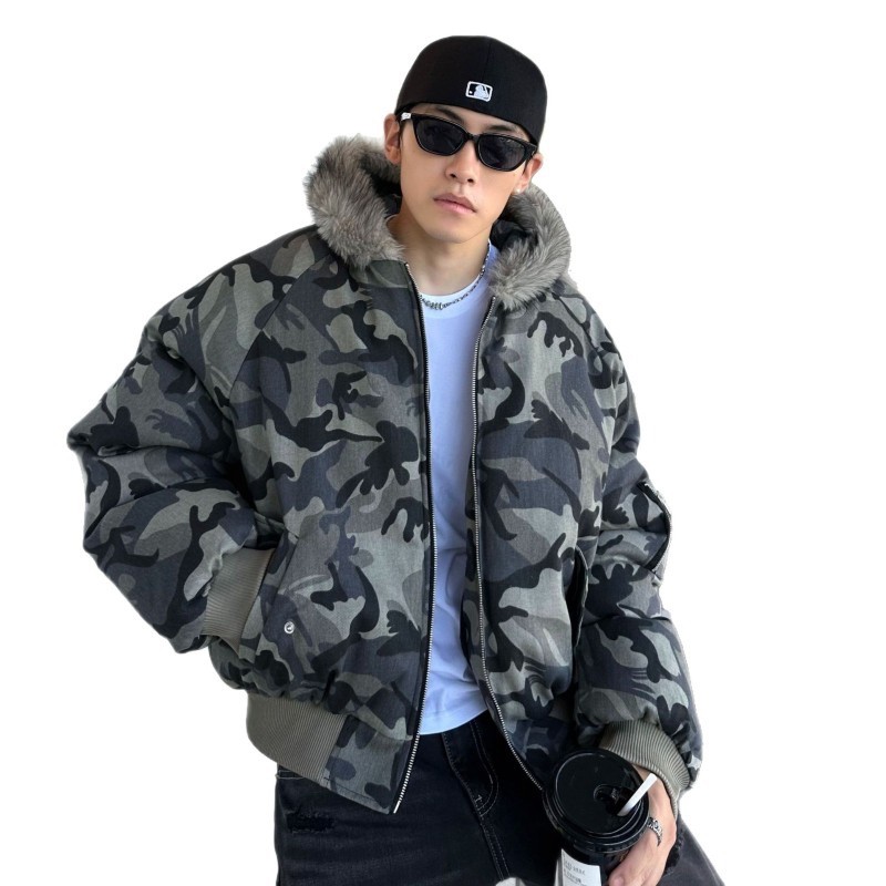 Men\'s Camo Puffer Jacket Winter Fur Hooded Bomber Coat Camouflage Streetwear MA1 Men\'s Camo Puffer Jacket Winter Fur Hooded Bomber Coat Camouflage Streetwear MA1