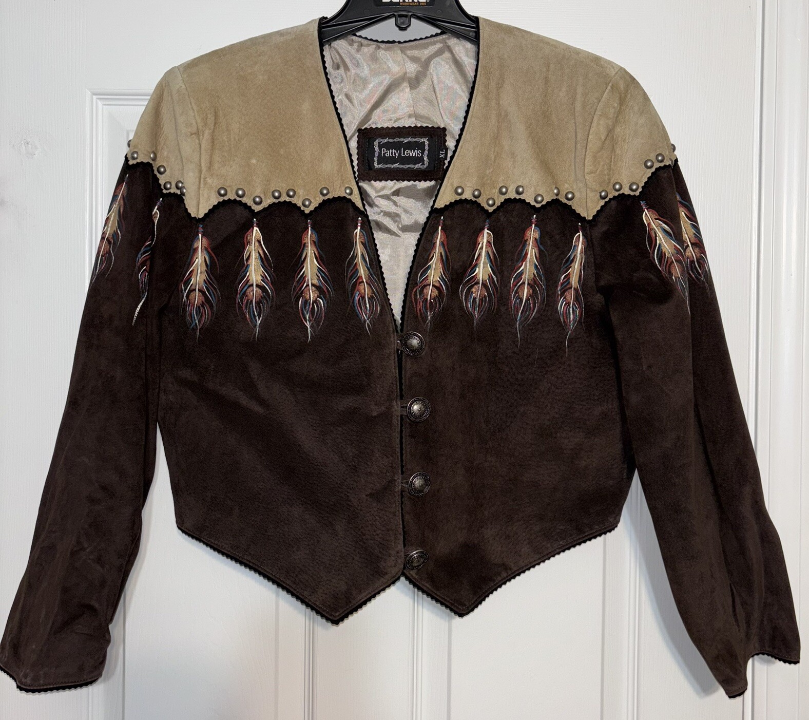 Patty Lewis Vintage Leather Suede Hand Painted Women\'s Indian Feathers Western Patty Lewis Vintage Leather Suede Hand Painted Women\'s Indian Feathers Western