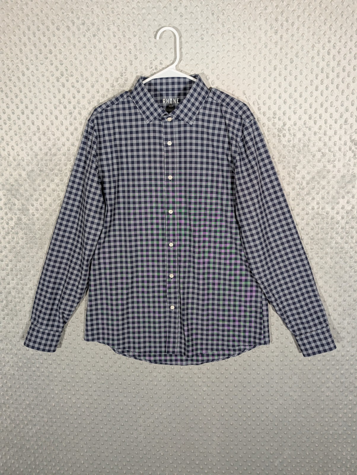 Rhone State of Mind Shirt Men\'s Large Blue Gingham Slim Stretch Performance NWOT