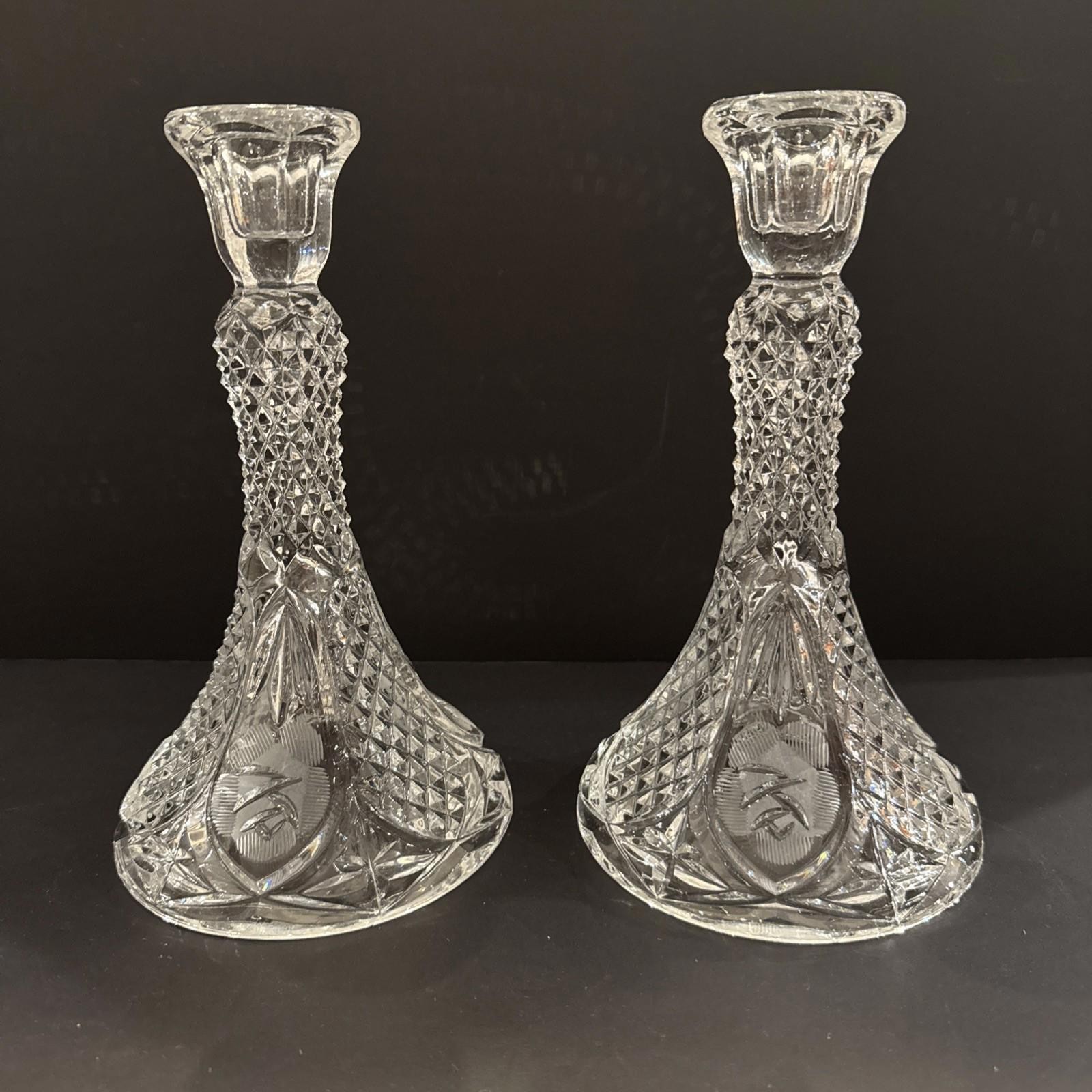 Vintage Elegant Cut Crystal Diamond Point Etched Rose Pair Of Candle Holders Vintage Elegant Cut Crystal Diamond Point Etched Rose Pair Of Candle Holders