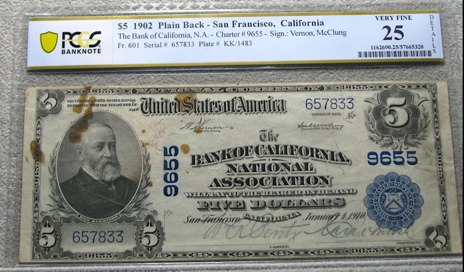 1902 $5 Plain Back National Bank Note San Francisco Charter 9655 PCGS VF-25 #251 1902 $5 Plain Back National Bank Note San Francisco Charter 9655 PCGS VF-25 #251