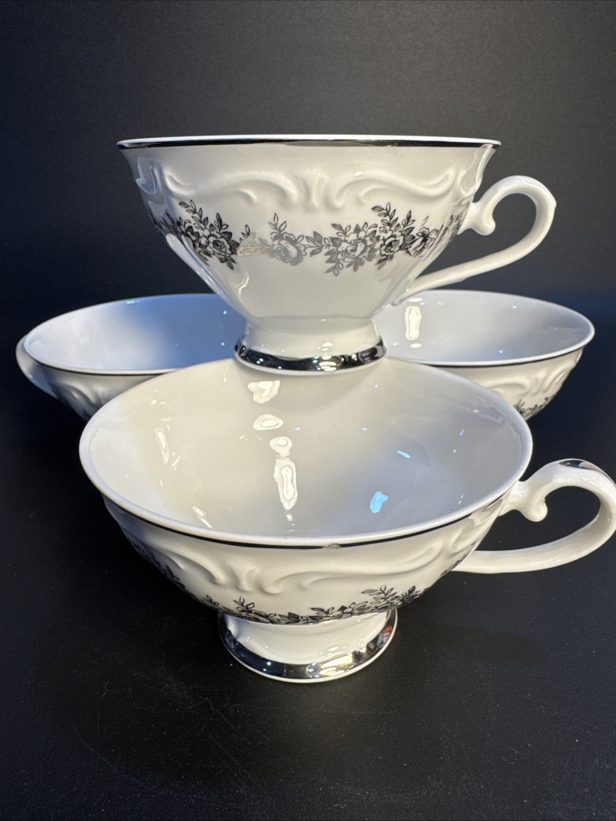 Royal Bavarian Germany Belcrest Silver Trim Bouillon Cups Cream Soup Set of 4