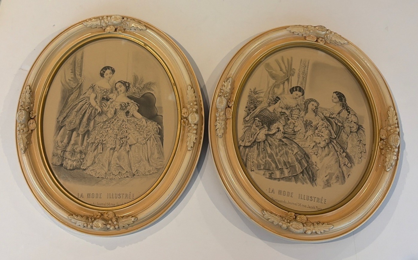 La Mode Illustree French Fashion Prints Pair Set 2 Oval Frames Victorian Paris