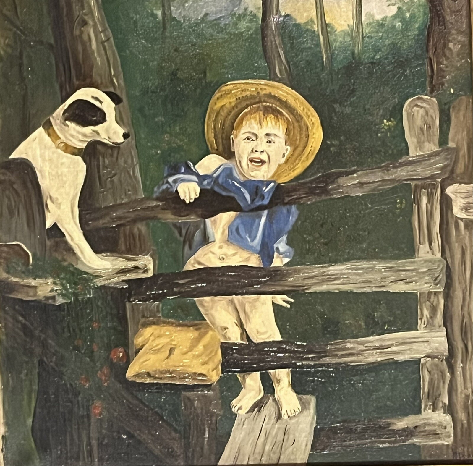 Antique 19Th C. Painting of a Boy with his Dog Oil Canvas American