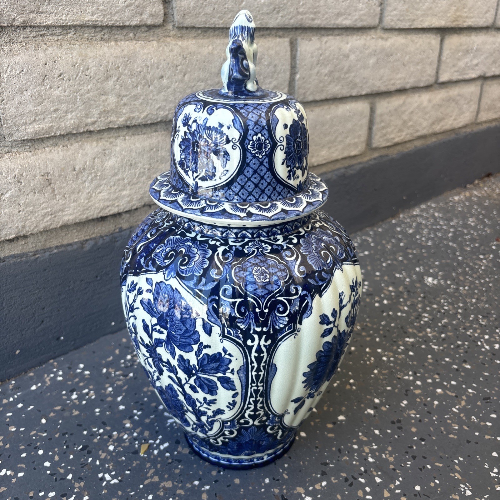 Vintage Delfts Blue Ginger Jar Royal Sphinx Foo Dog Lid,Floral Urn, 16” Tall