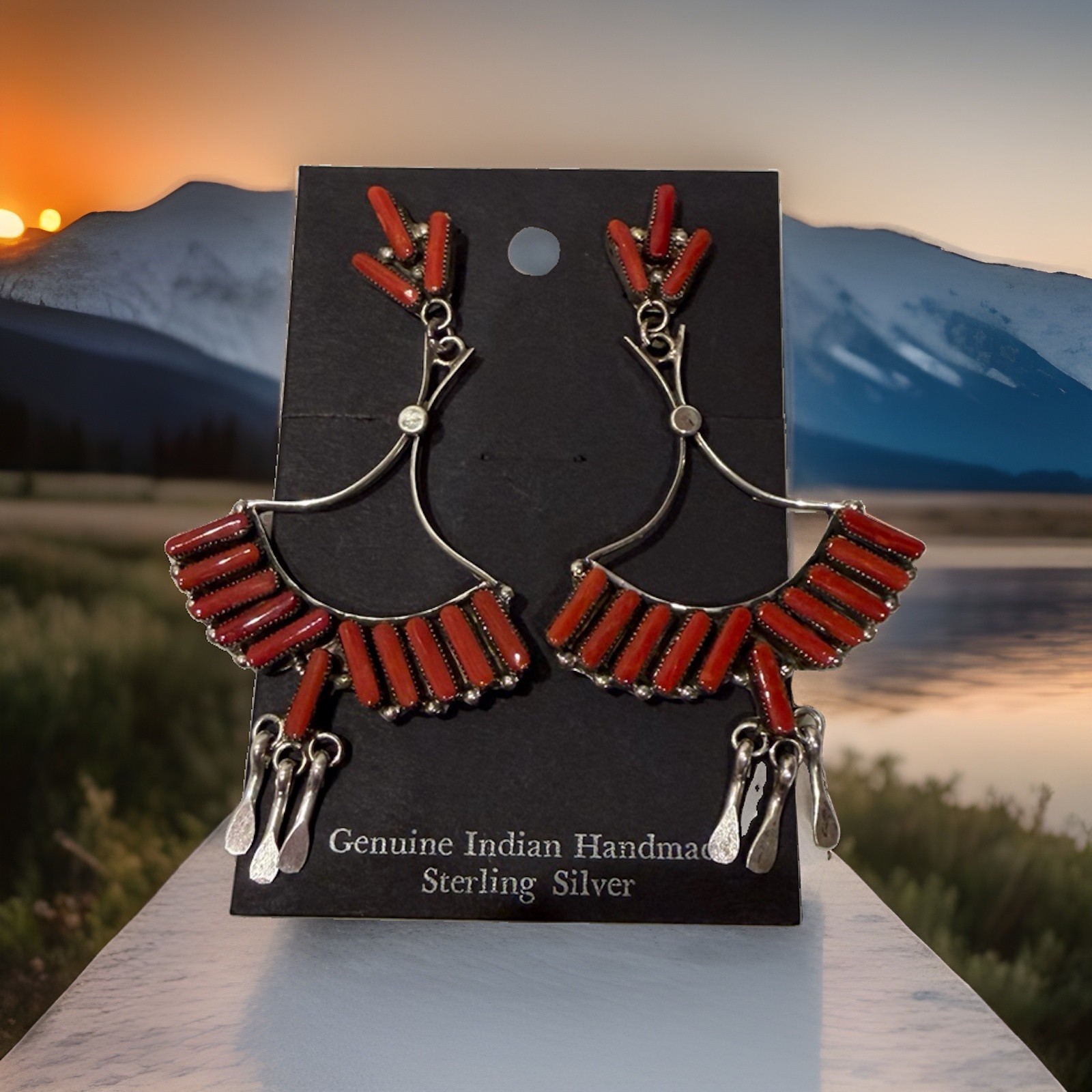 Vintage Zuni Red Coral Needlepoint Sterling Silver Chandelier Earrings Signed