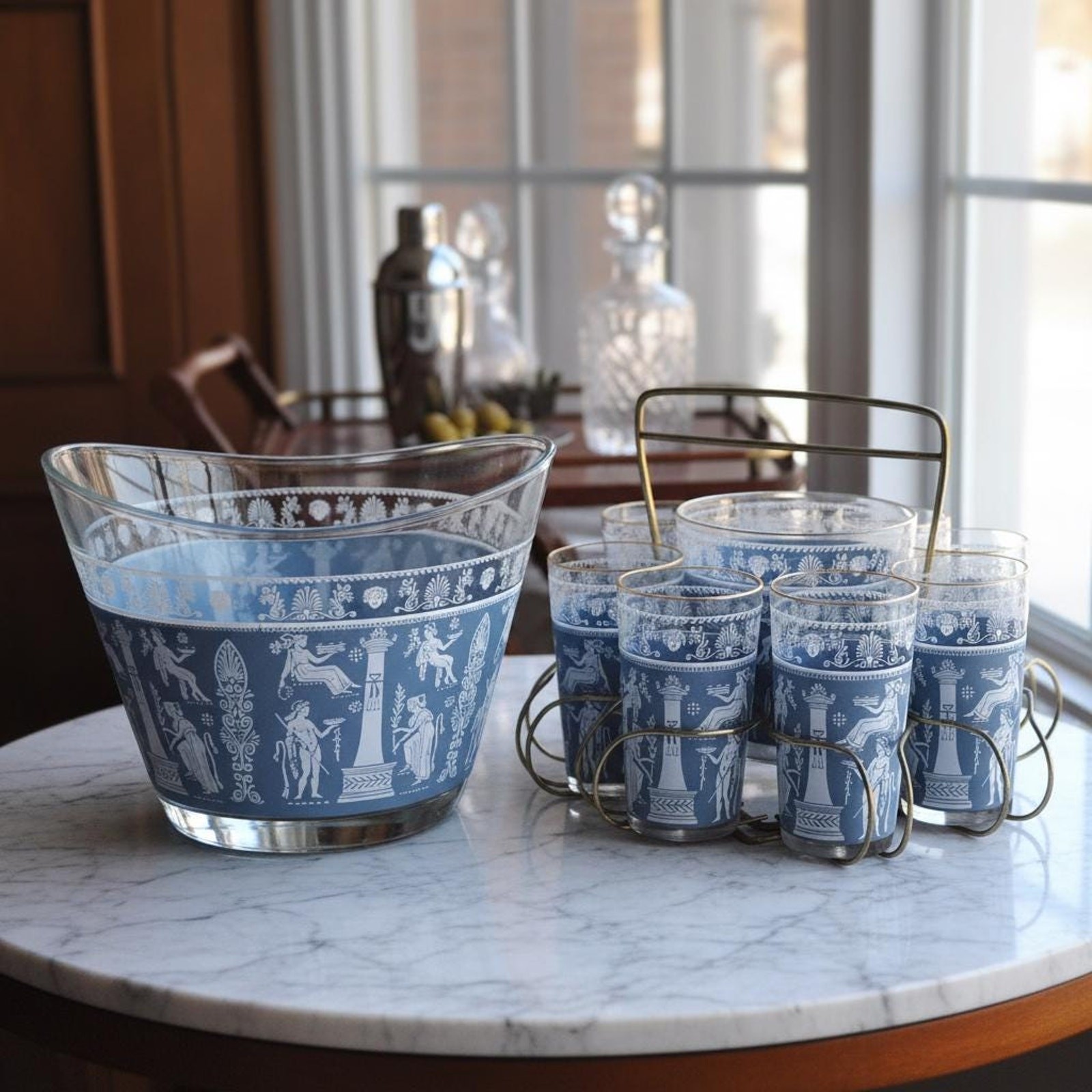 Vintage Jeannette Glass Punch Set, Hellenic Blue Greek Key Design, 1950s Barware