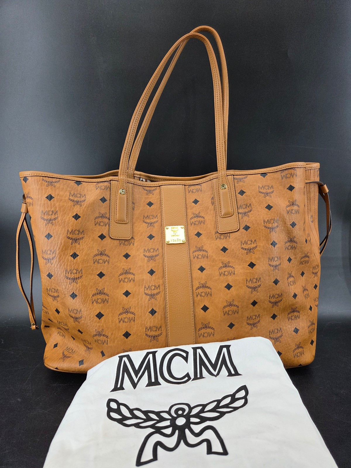 MCM Liz Reversible Large Shopper Tote Cognac Visetos Monogram Gingham