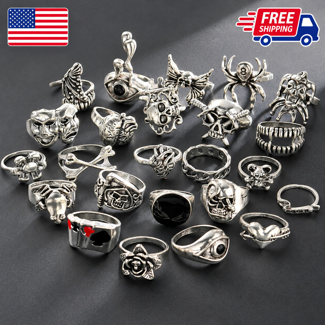 24Pcs Gothic Skeleton Rings Set – Punk Grunge Unisex Street Fashion Jewelry