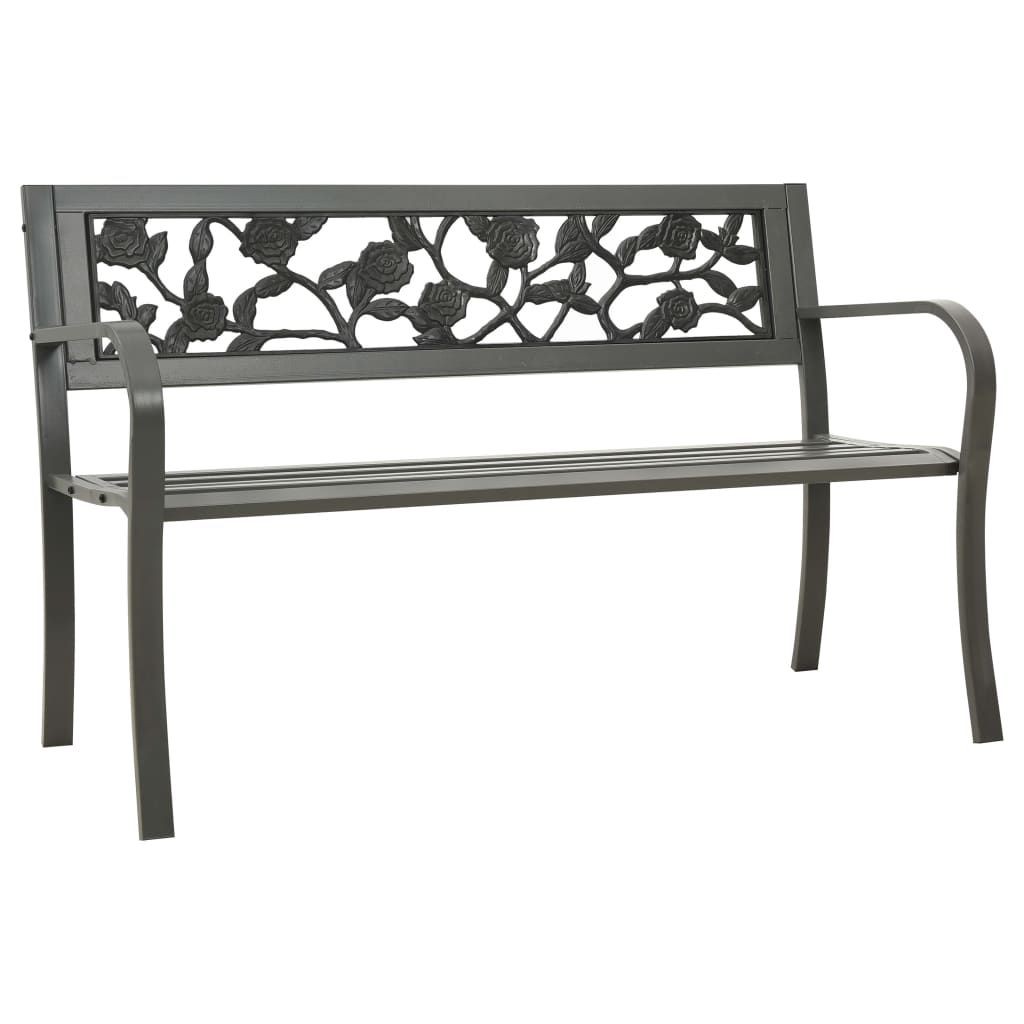 Gray 3-Seat Powder-Coated Steel Garden Bench with Floral Rose Design Gray 3-Seat Powder-Coated Steel Garden Bench with Floral Rose Design