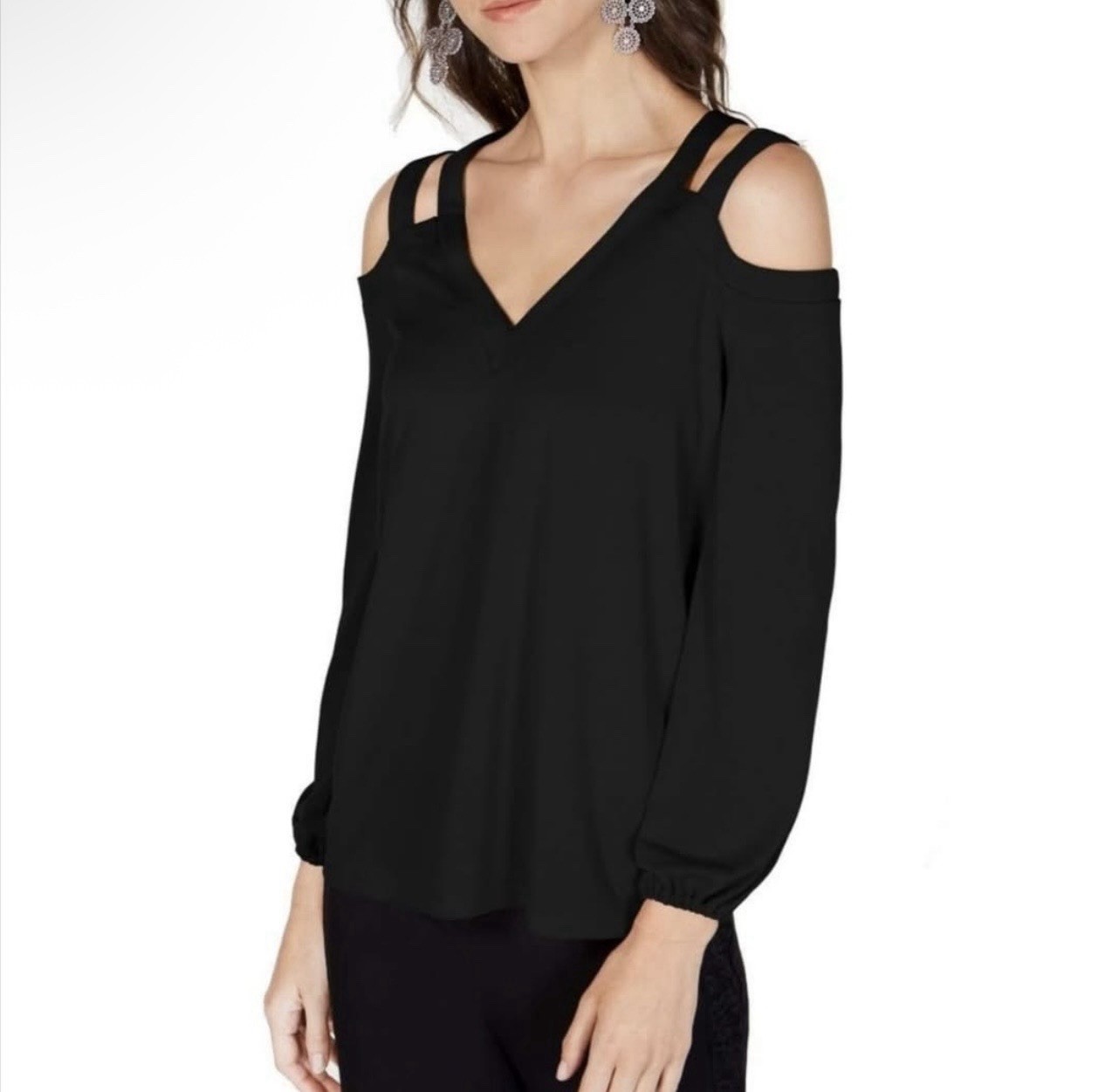 INC International Concepts Black Cold-Shoulder V-Neck Blouse Large New INC International Concepts Black Cold-Shoulder V-Neck Blouse Large New