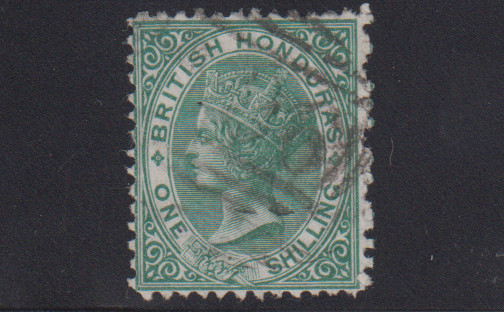 British Honduras Scott #7, SG #10aw One Shilling Used, P12.5, WATERMARK INVERTED