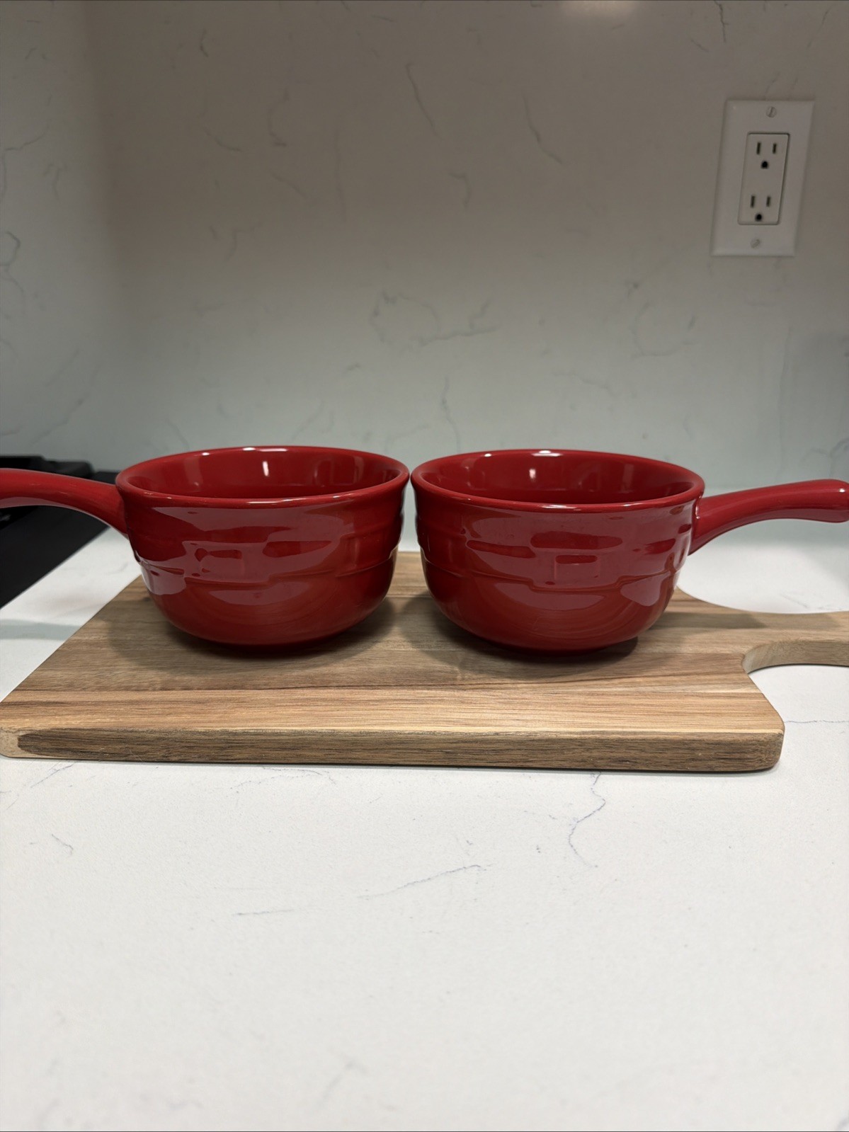 Longaberger Chili/Soup Bowls w/ Handle Pottery Woven Traditions Red Set Of 2 Longaberger Chili/Soup Bowls w/ Handle Pottery Woven Traditions Red Set Of 2