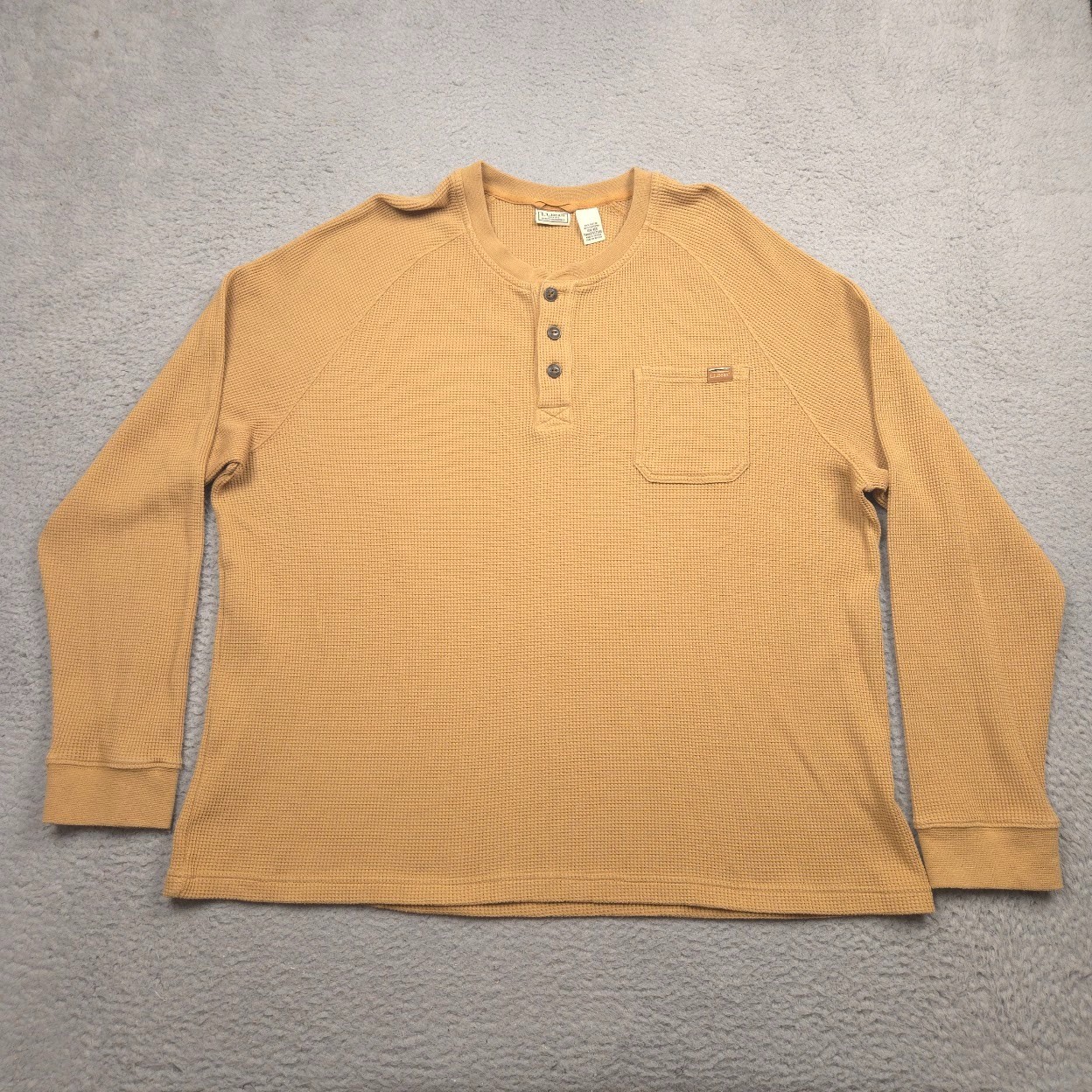 L.L.Bean BeanBuilt Waffle Henley Men XXL Regular Cotton Blend Pocket Gold Tan