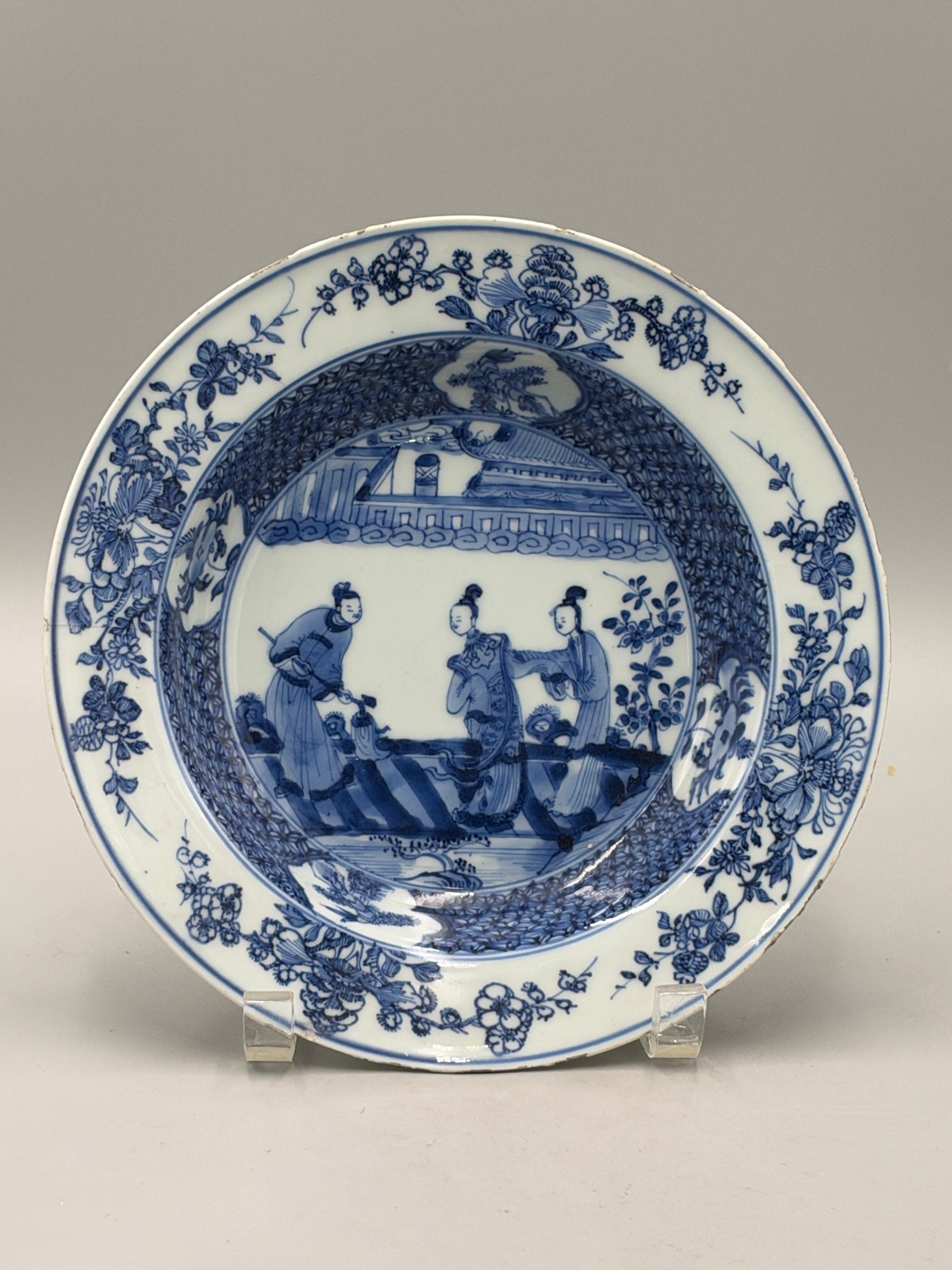 Antique 17th c. Chinese Kangxi Blue and White Figural Porcelain Bowl Plate 9''