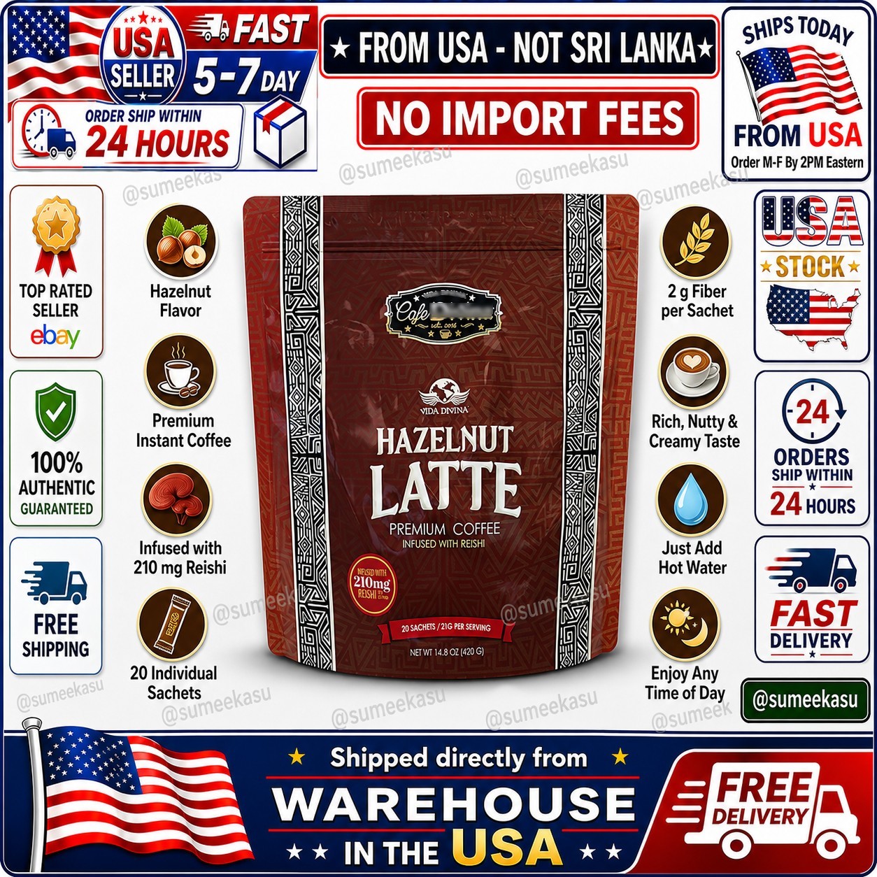Café DlVlNA Hazelnut Latte Premium Coffee 20 Sachets - New/Sealed🚚From USA🚚