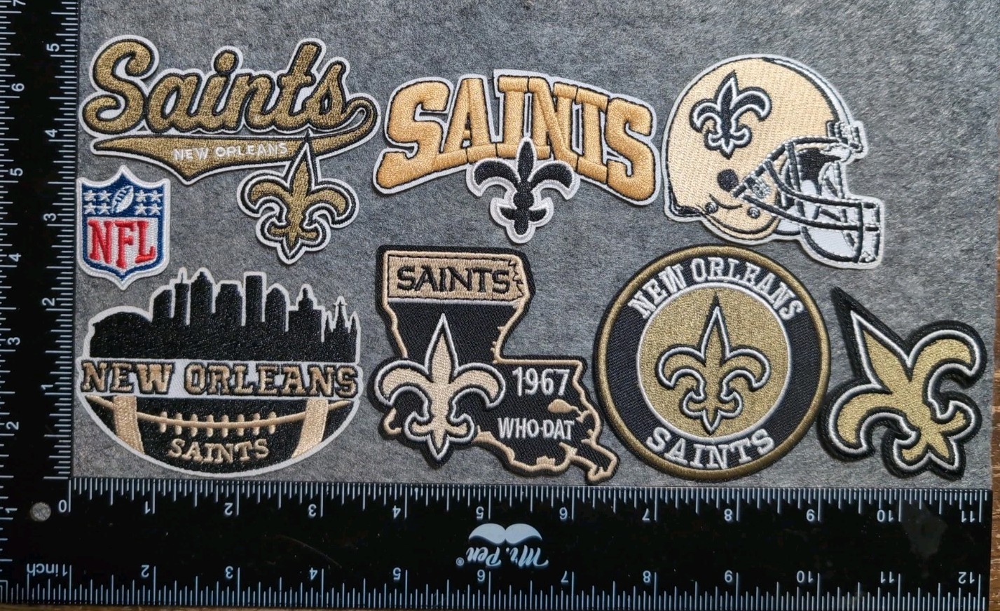 LOT OF 8 NEW ORLEANS SAINTS IRON ON EMBROIDERED PATCHES EVERYTHING IN PHOTO