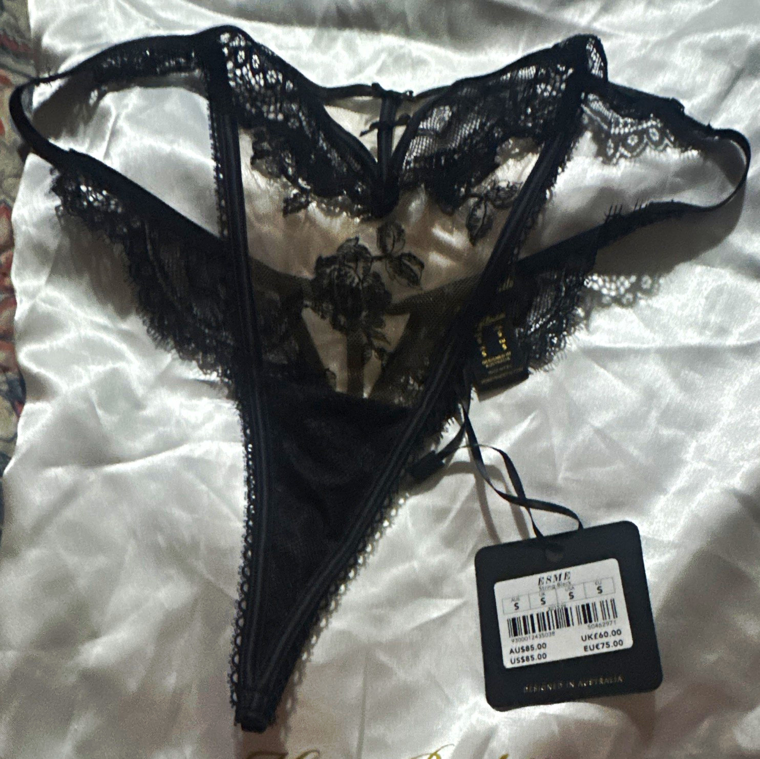 Honey Birdette Esme Black Floral Lace Mesh Sheer Thong Panties Women\'s S Honey Birdette Esme Black Floral Lace Mesh Sheer Thong Panties Women\'s S