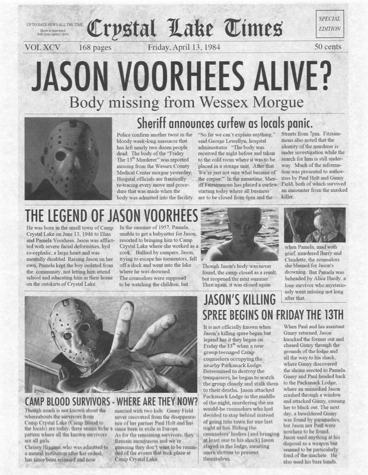 1980 Friday The 13th Crystal Lake Times Jason Voorhees Alive? Newspaper Print 🔪 1980 Friday The 13th Crystal Lake Times Jason Voorhees Alive? Newspaper Print 🔪