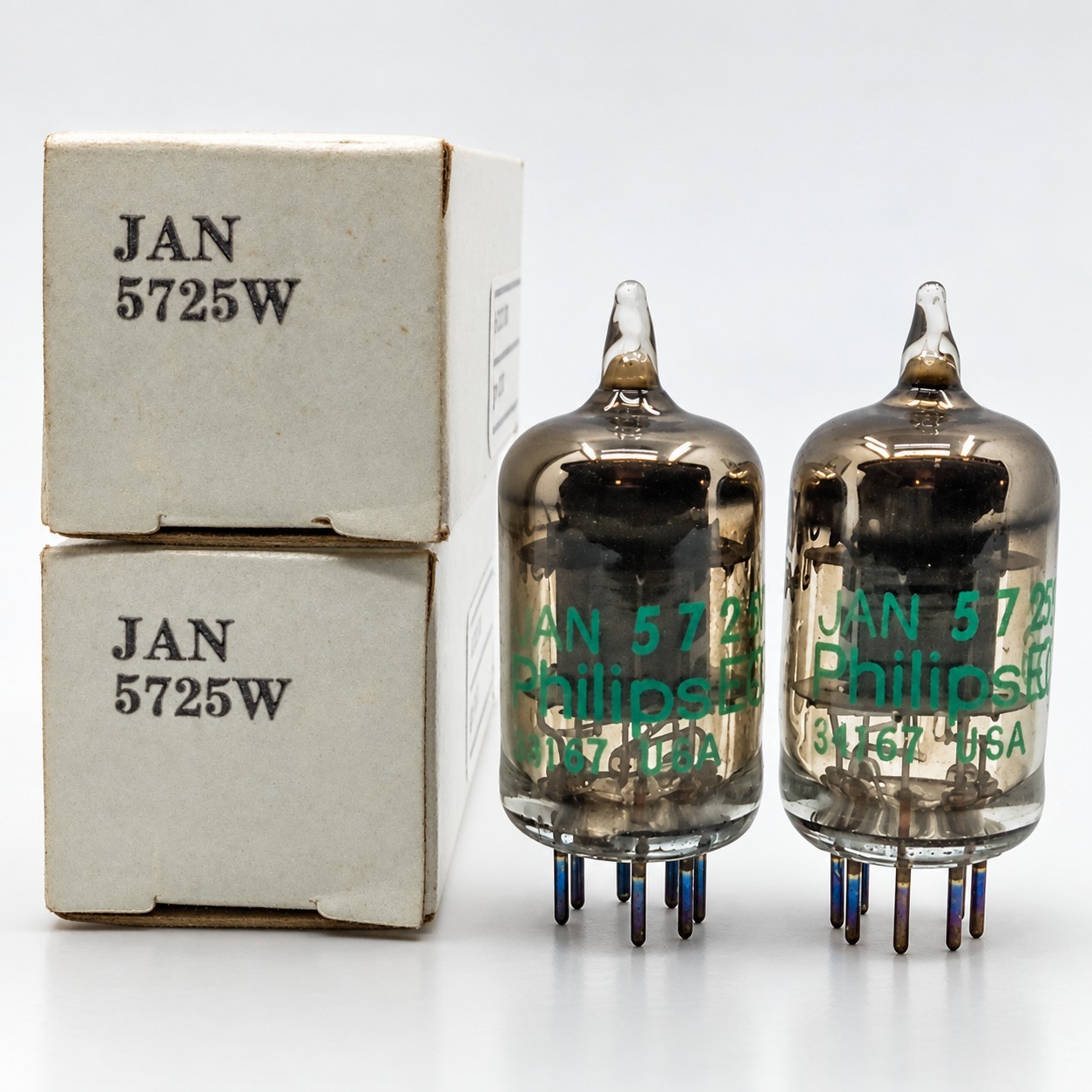 NOS Matched Pair Philips ECG JAN 5725W Black Plate Vacuum Tubes USA